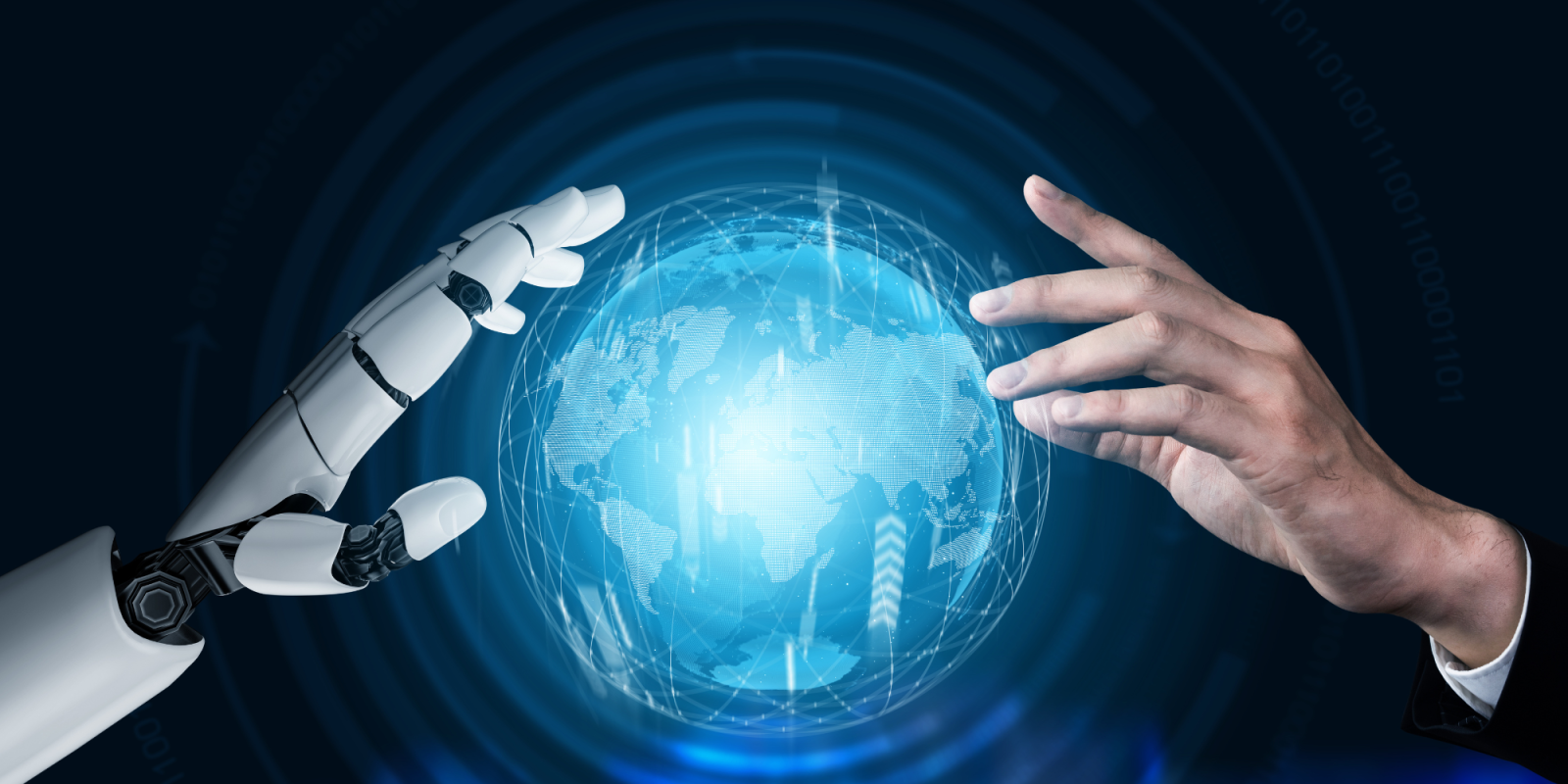 A human hand and robotic hand both reach out toward a glowing blue earth